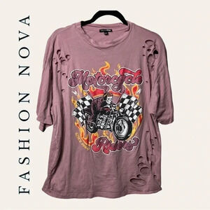 1124. FASHION NOVA‎ MOTORCYCLE T-SHIRT PINK IN COLOR DISTRESSING ON FRONT